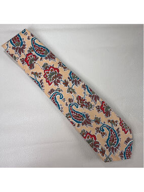 Domani Paris Vintage Silk Tie Paisley Floral Necktie Tan Teal Red Wide 3.5”